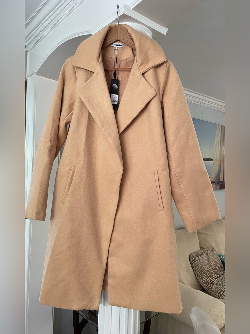 Fashion Nova open front, wide Lapels faux wool long  coat size medium - Picture 2 of 5